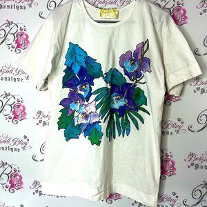 Tigre lis Floral Shirt - White with Blue and Purple Accents tiger Lilly